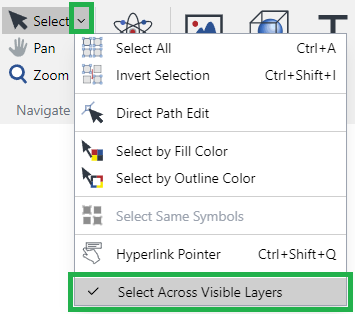 Select Across Visible Layers Command from the Select Tool Button Menu in the Navigate Panel on the Home Ribbon Tab Select Across Visible Layers Command from the Select Tool Button Menu in the Navigate Panel on the Home Ribbon Tab